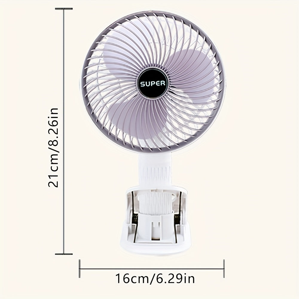 Portable clip-on fan 800mAh battery USB rechargeable 3 speeds quiet ventilation