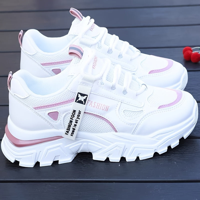 Women's White Mesh Low Top Sneakers with Lace-Up Closure and PVC Sole
