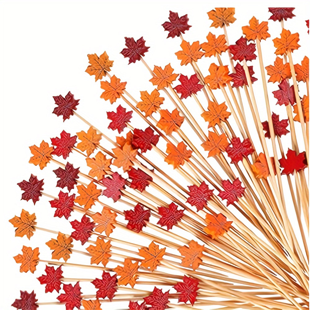 Bamboo Cocktail Picks for Appetizers and Fruit Skewers with Decorative Leaves Pumpkins and Acorns Set of 50