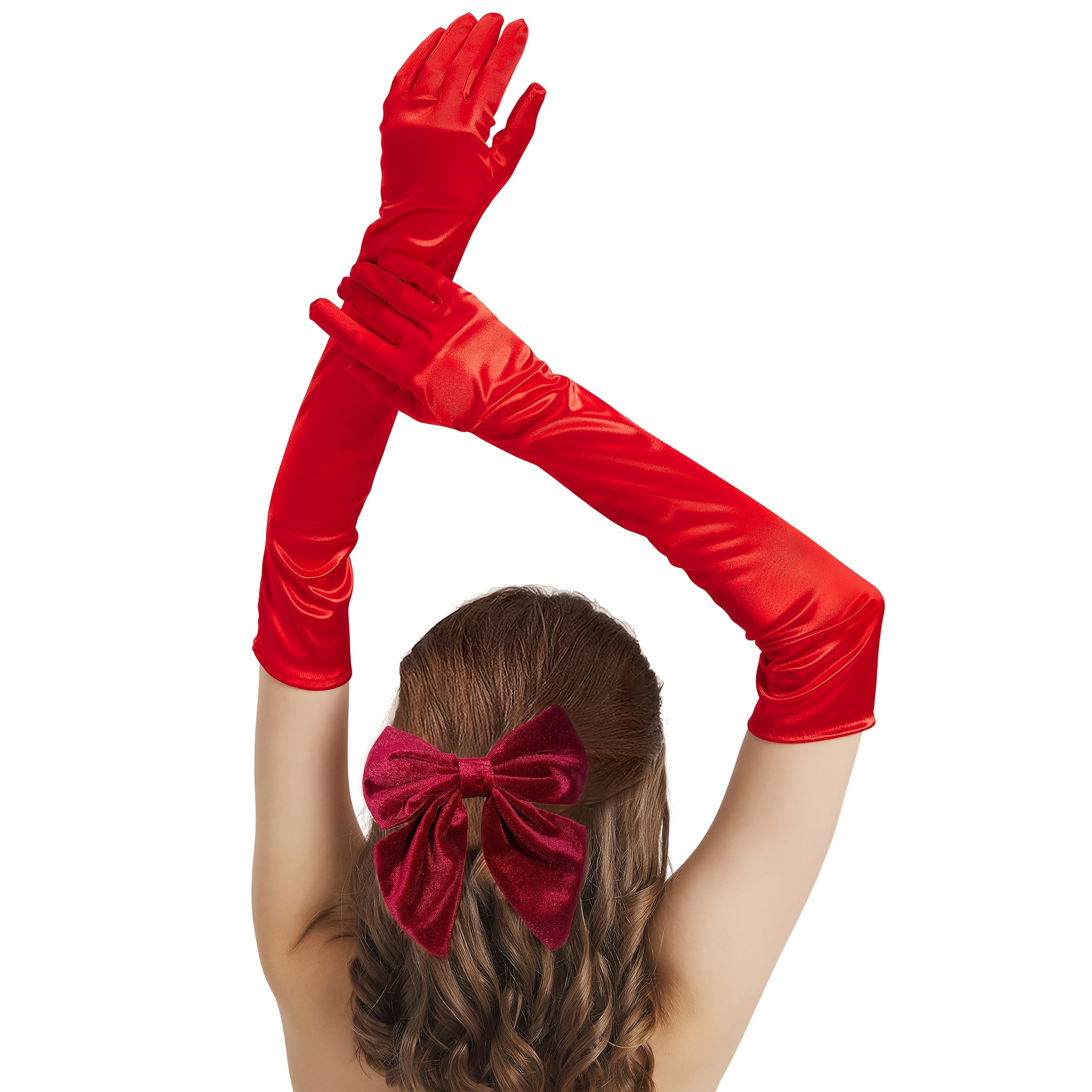 Juego de 2 guantes largos de terciopelo rojo y pinzas para la cabeza con lazo para el cabello para mujer boda, fiesta, disfraz
