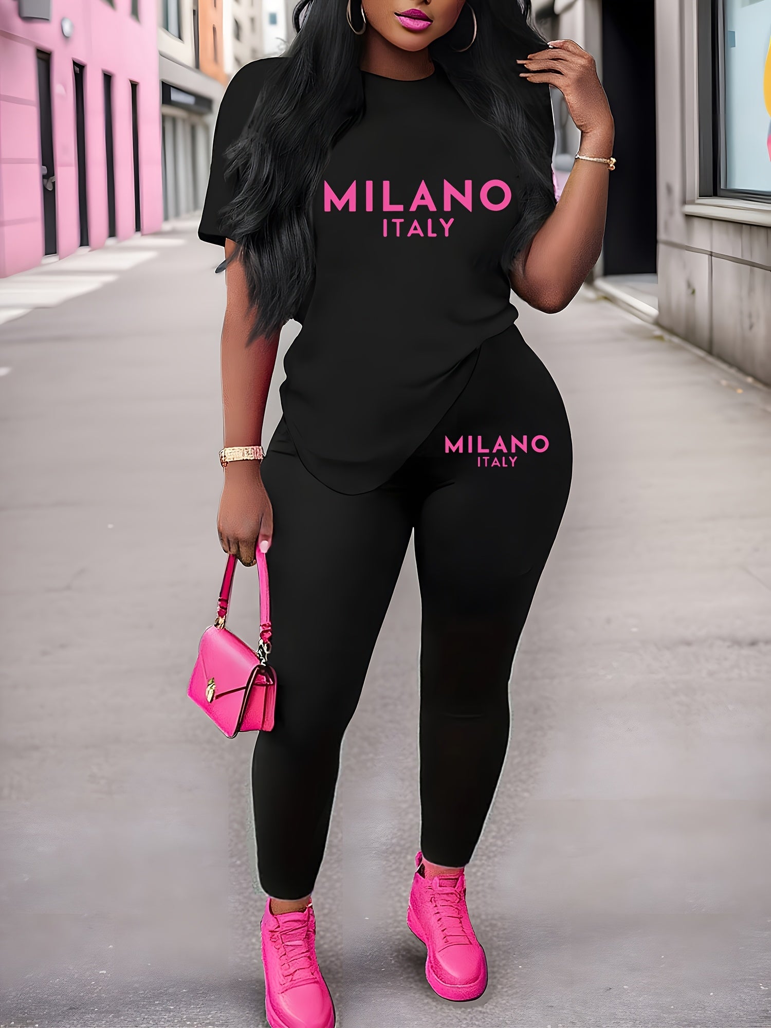 Women's Plus Size Graphic Tee And Leggings Set Polyester Stretch Casual