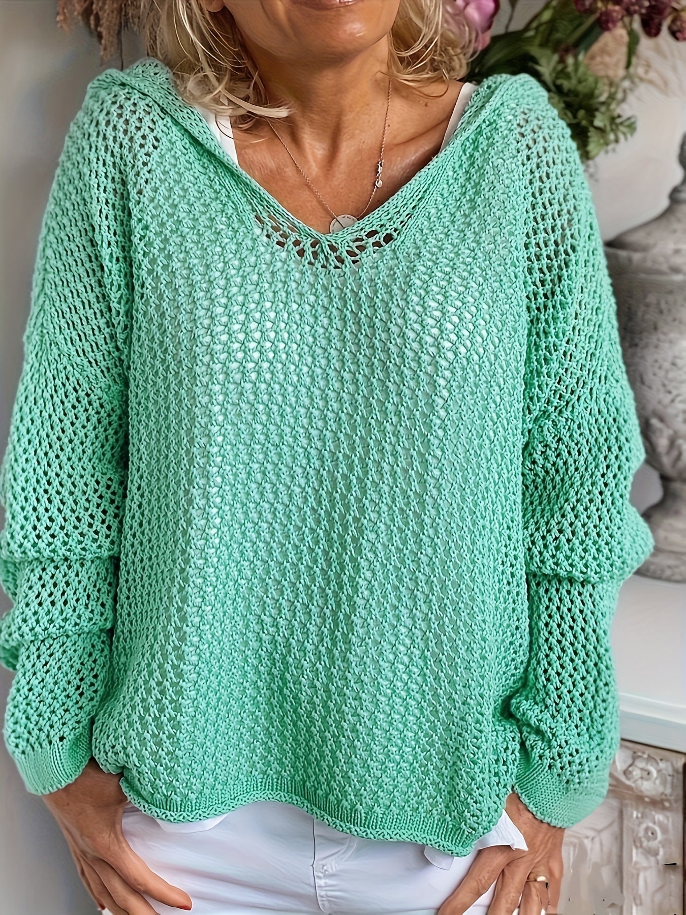 Women's Light Blue Crochet Hooded Beach Cover-Up Long Sleeve Plus Size