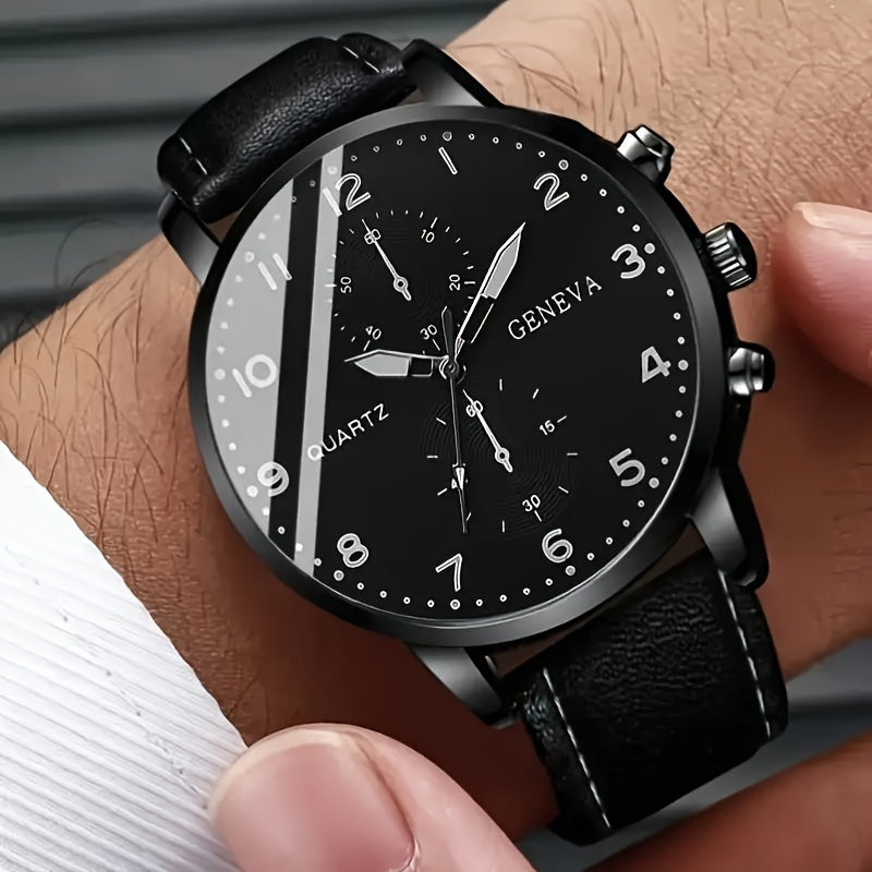 Set of 4 Men's Quartz Watches Black Round Face Faux Leather Bracelets Gift Set