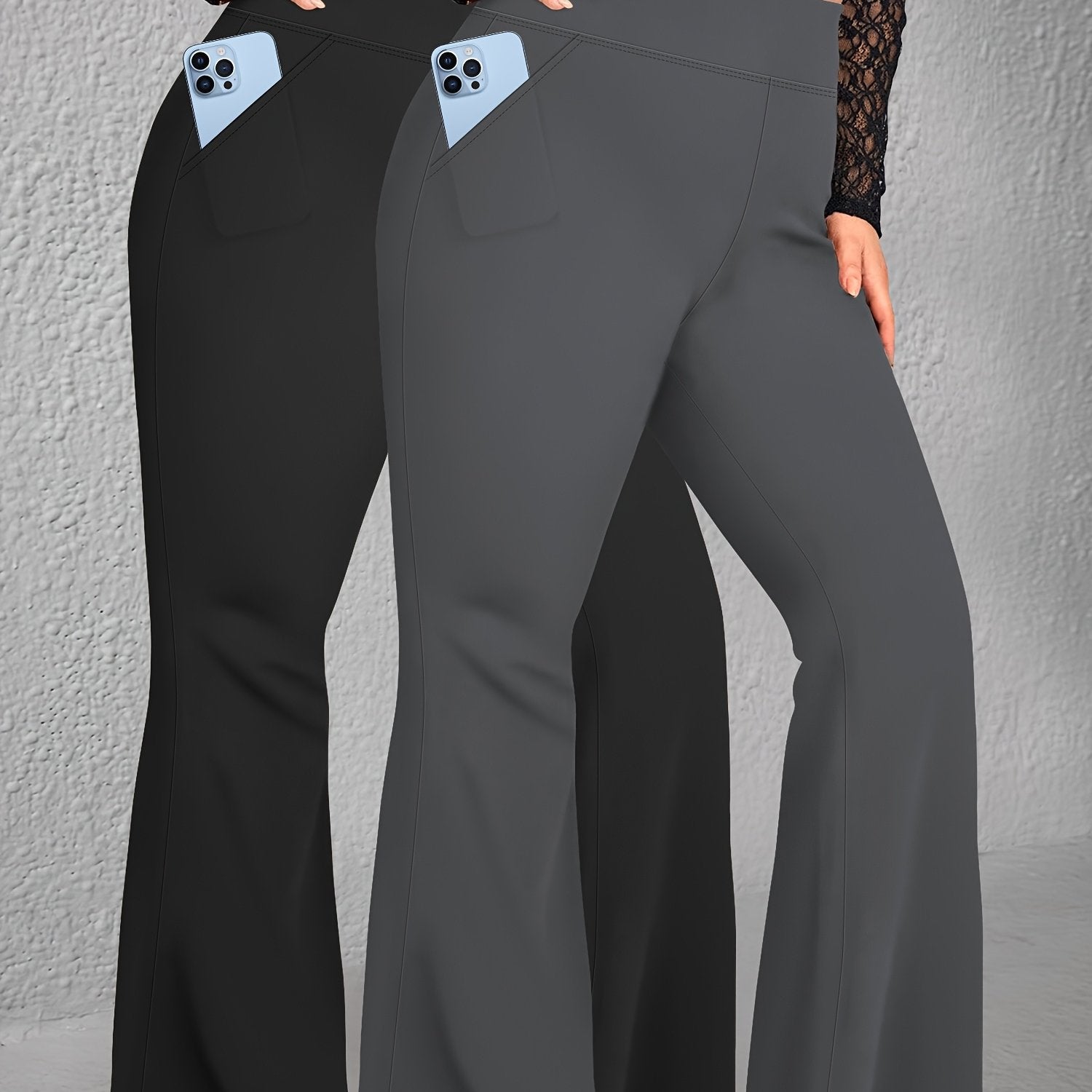 Plus Size High-Waist Flare Pants with Pockets - Stretchy Comfortable All Seasons