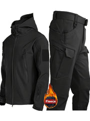 Men's Fall Winter Shark Skin Fleece Workwear Set Hooded Jacket Tactical Pants Solid Color Loose Fit