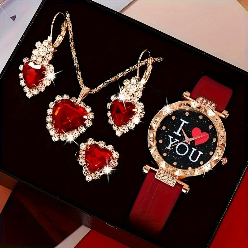 Women's Rhinestone Quartz Watch and Jewelry Set with Heart "I Love You" Design 5 Pieces