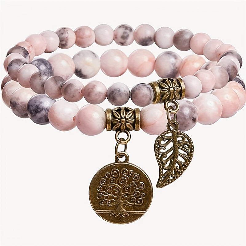 Set of 2 Pink Zebra Jasper Bead Bracelets for Women with Tree of Life and Leaf Charms