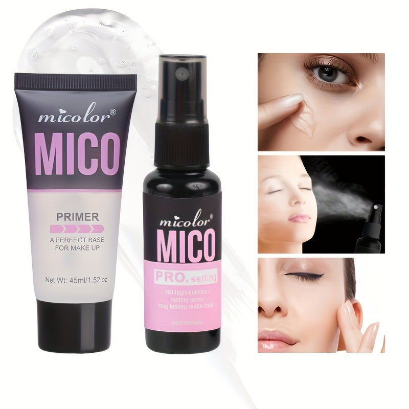 Makeup Set with Primer Base and Long-Lasting Setting Spray for Pore-Minimizing and Color Enhancement