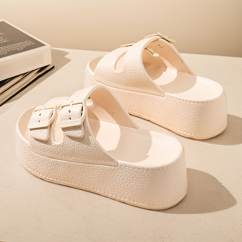 Women's Casual Solid Color EVA Platform Slippers with Buckle Closure Breathable Anti-Slip Super Thick Sole