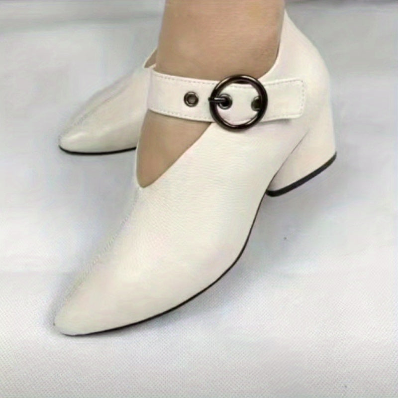 Women's Summer Solid Color Low Block Heel D'Orsay Shoes with Buckle and Pointed Toe