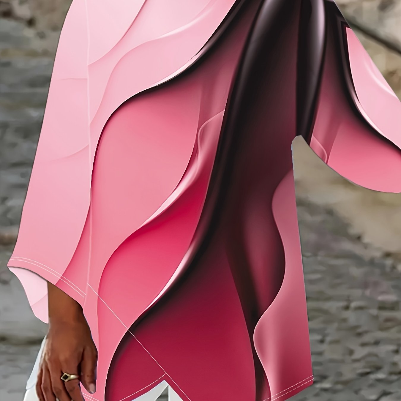 Plus Size Ombre Asymmetrical Hem T-Shirt with Crew Neck and Long Sleeves for Spring and Fall