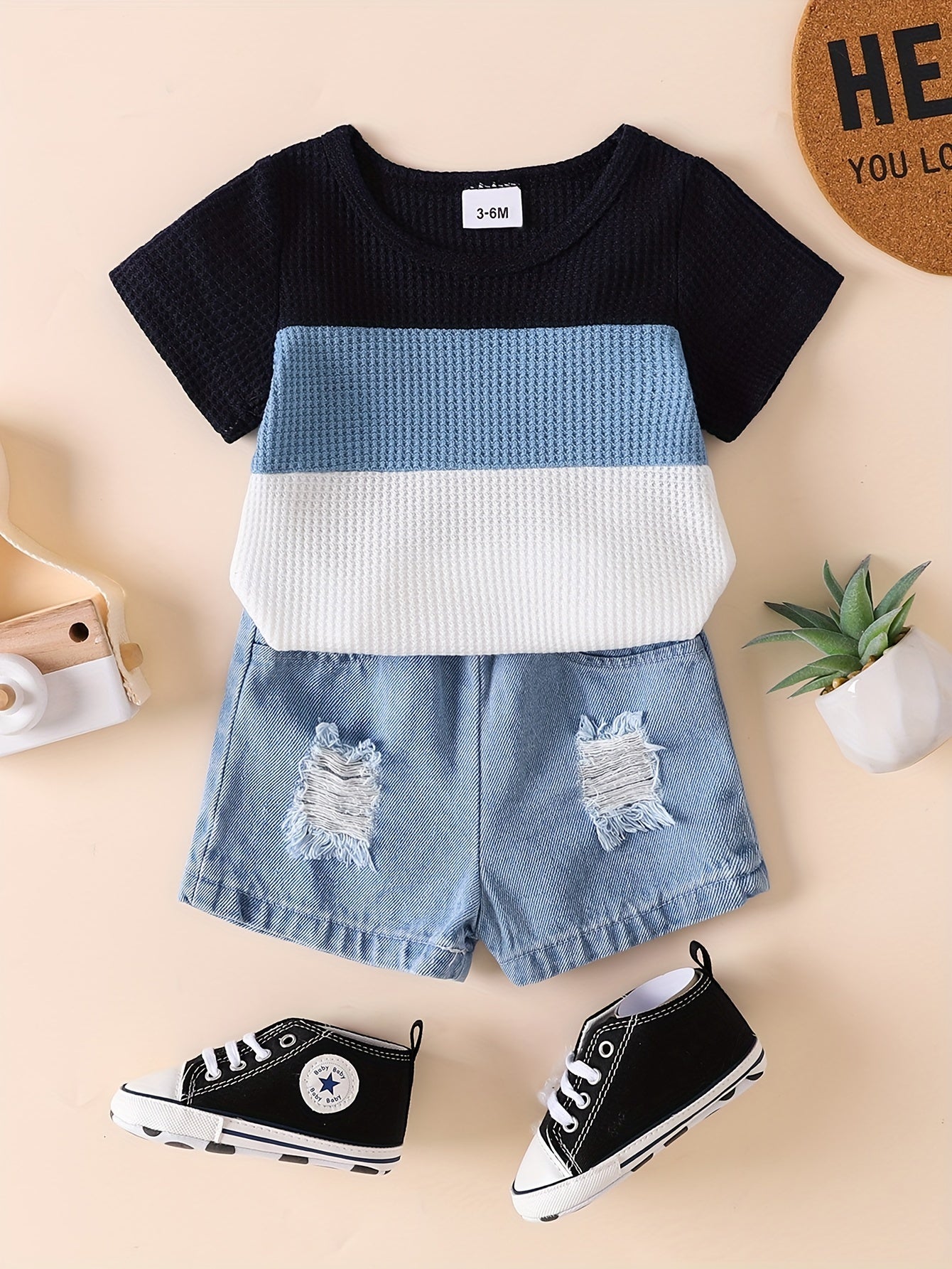 Kichkina qizlar uchun yozgi kundalik kiyimlar uchun Baby Waffle Top va Denim Shorts to'plami