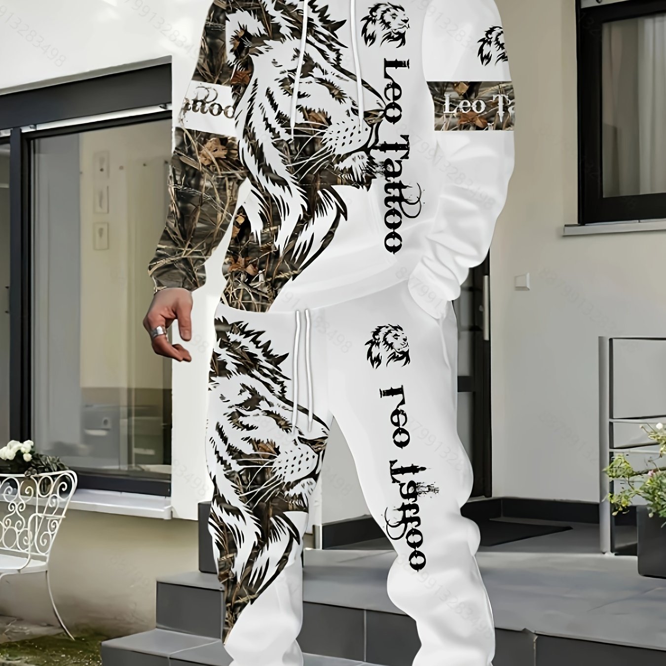 Men's Polyester Tracksuit Set with Geometric Lion Print Hooded Casual Spring Fall