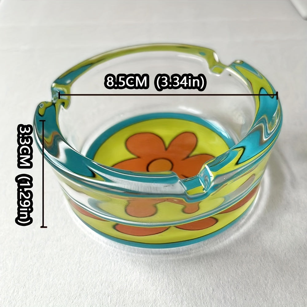 Unisex Glass Ashtray Round Flower Design 85mm Blue Yellow Orange Decoration