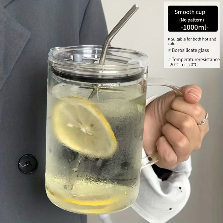 Large 1L Glass Water Bottle with Lid and Straw for Iced Coffee and Beverages