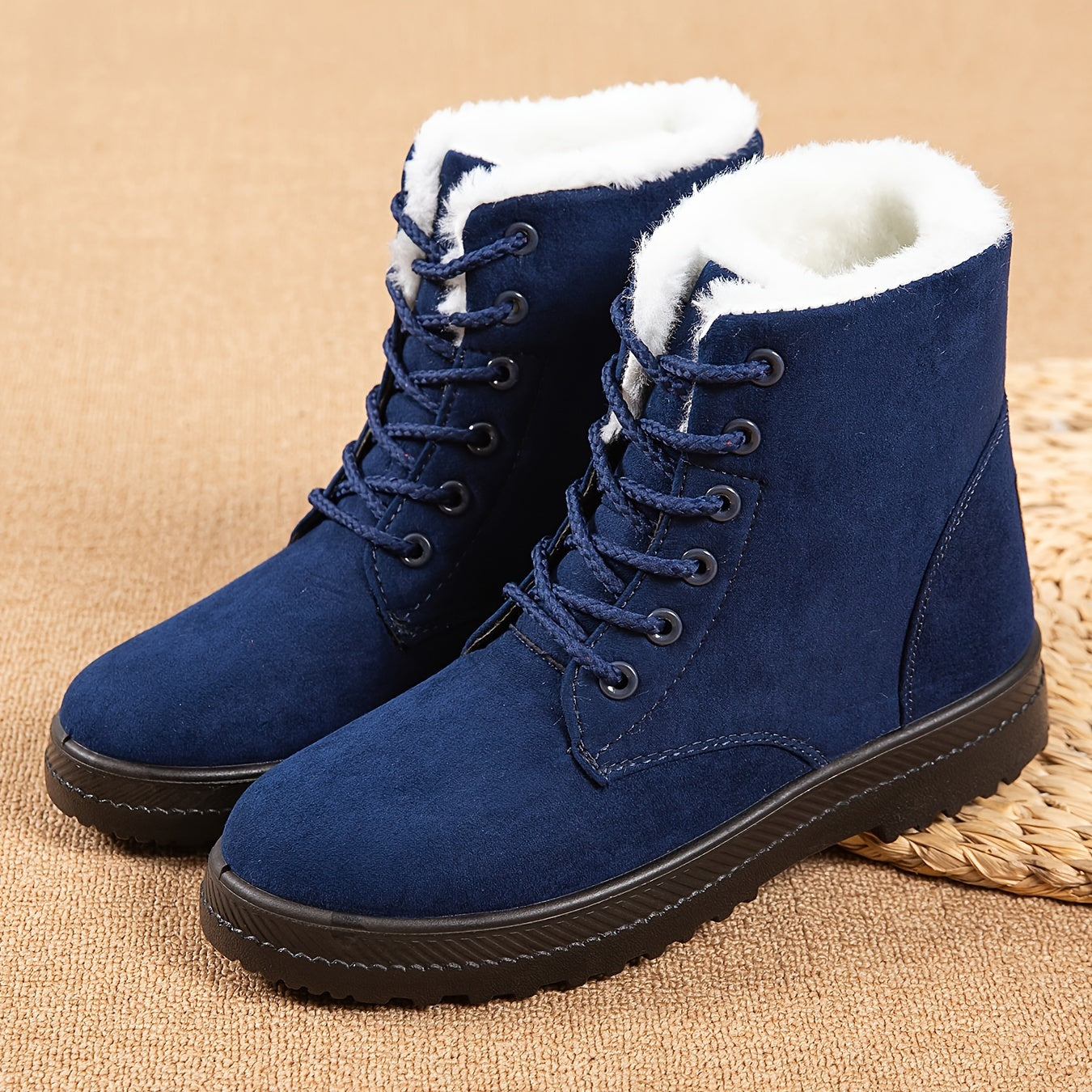 Women Winter Ankle Boots Black Slip-Resistant Flat Lace-Up Footwear