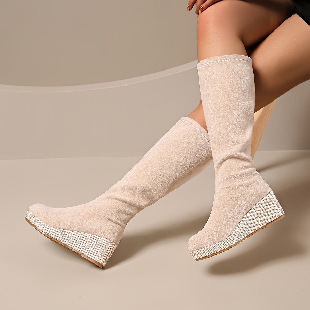 Women's Beige Wedge Heeled Stretch Long Boots Fabric Upper Rubber Outsole