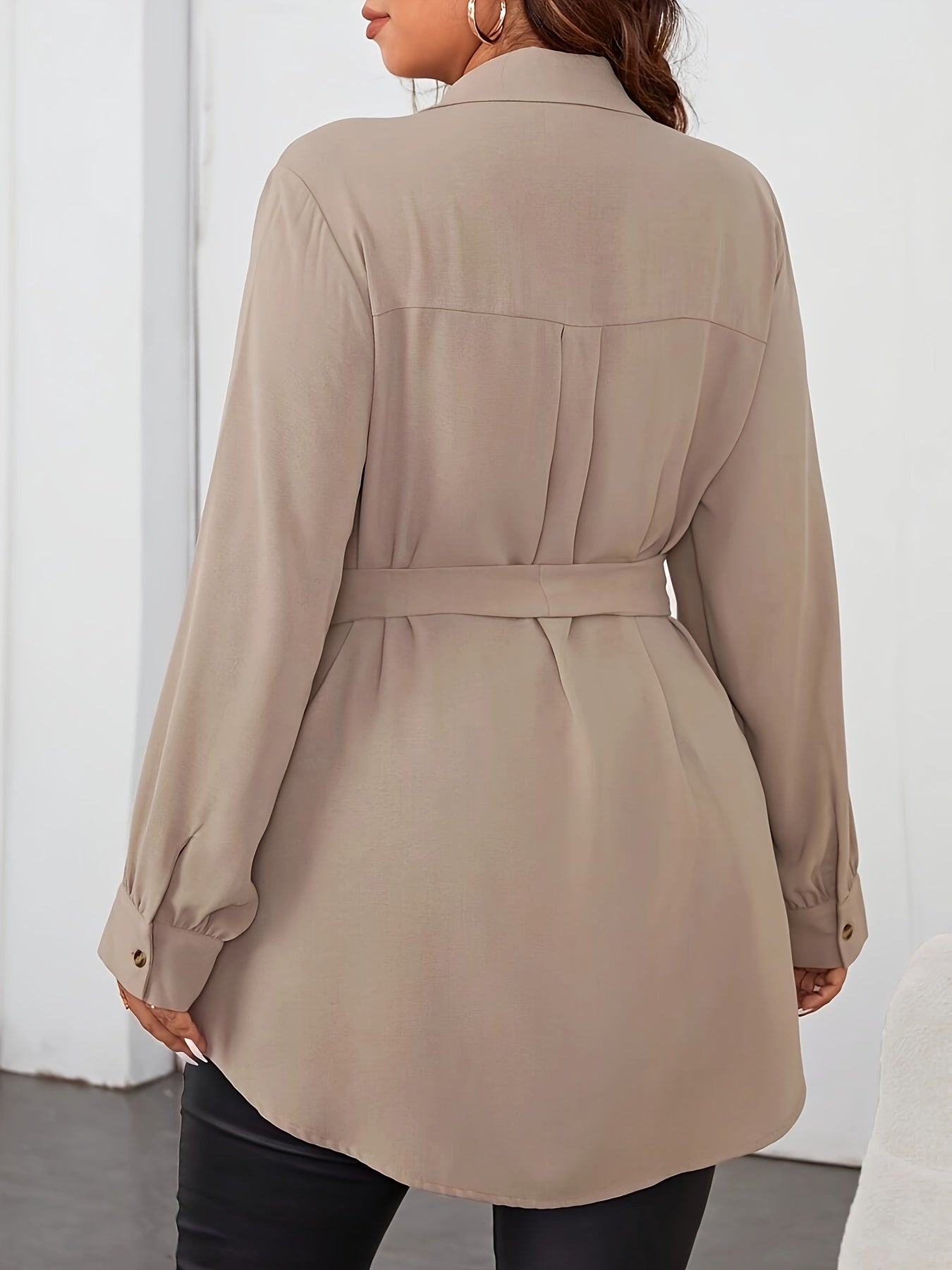 Plus Size Women's Long Sleeve Shirt with Bow Tie, Pockets, Solid Color