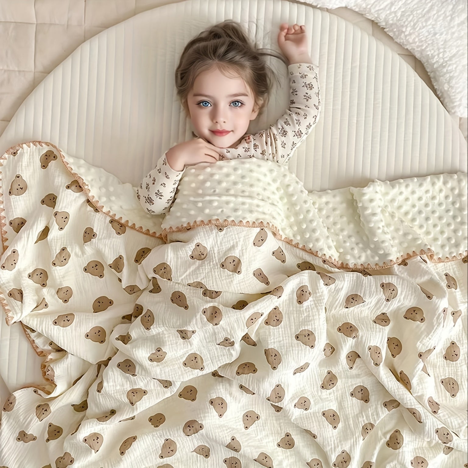 Baby Blanket for Infants 0-3 Years Knit Fabric Cartoon Bean Pattern Khaki Floral All-Season