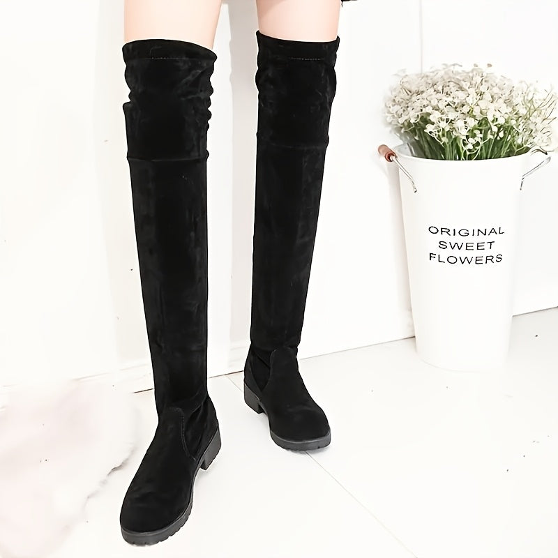Women's Knee-High Platform Boots Casual Round Toe Soft Fabric Rubber Sole