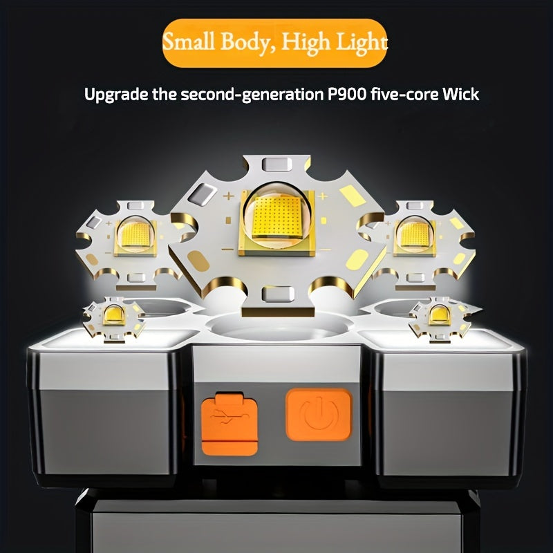 USB Rechargeable Headlamp with 5 LEDs, Dimmable, Hands-Free, Outdoor Camping Fishing Hunting