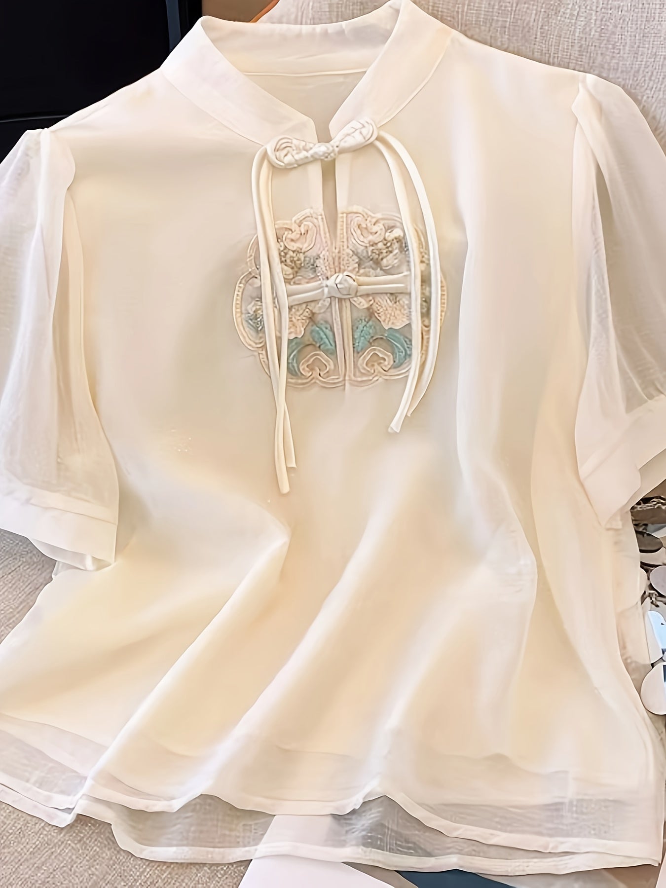 Women's Embroidered Short Sleeve Blouse with Mandarin Collar and Mesh Details