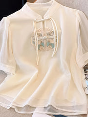 Women's Embroidered Short Sleeve Blouse with Mandarin Collar and Mesh Details