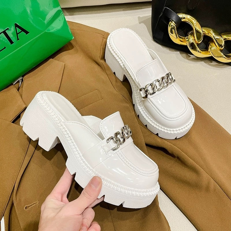 Women's White Synthetic Chunky Platform Mules with Gold Buckles