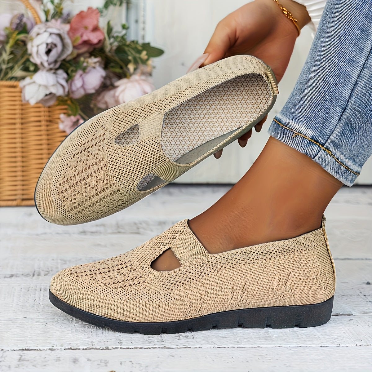 Zapatillas slip-on transpirables para mujer, zapatos planos casuales con suela de goma