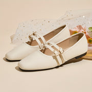 Women Slip-On Flats Beige Synthetic Mary Jane Shoes with Rubber Sole