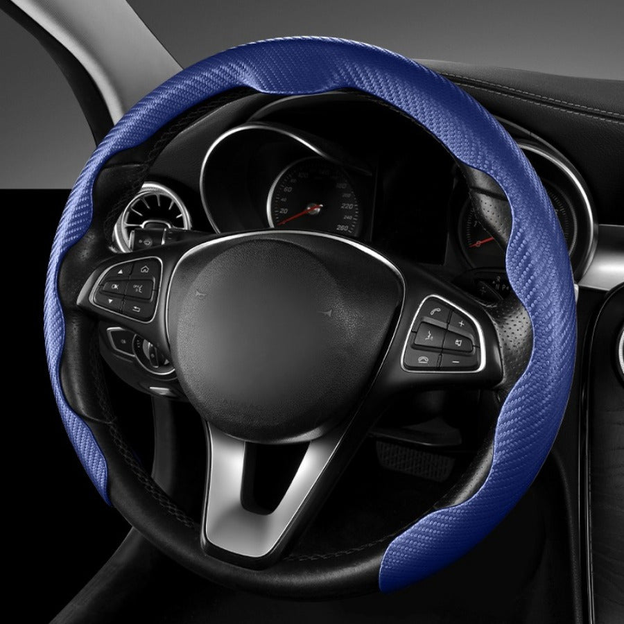 Universal Carbon Fiber Steering Wheel Cover with Red Accents Non-Slip Durable