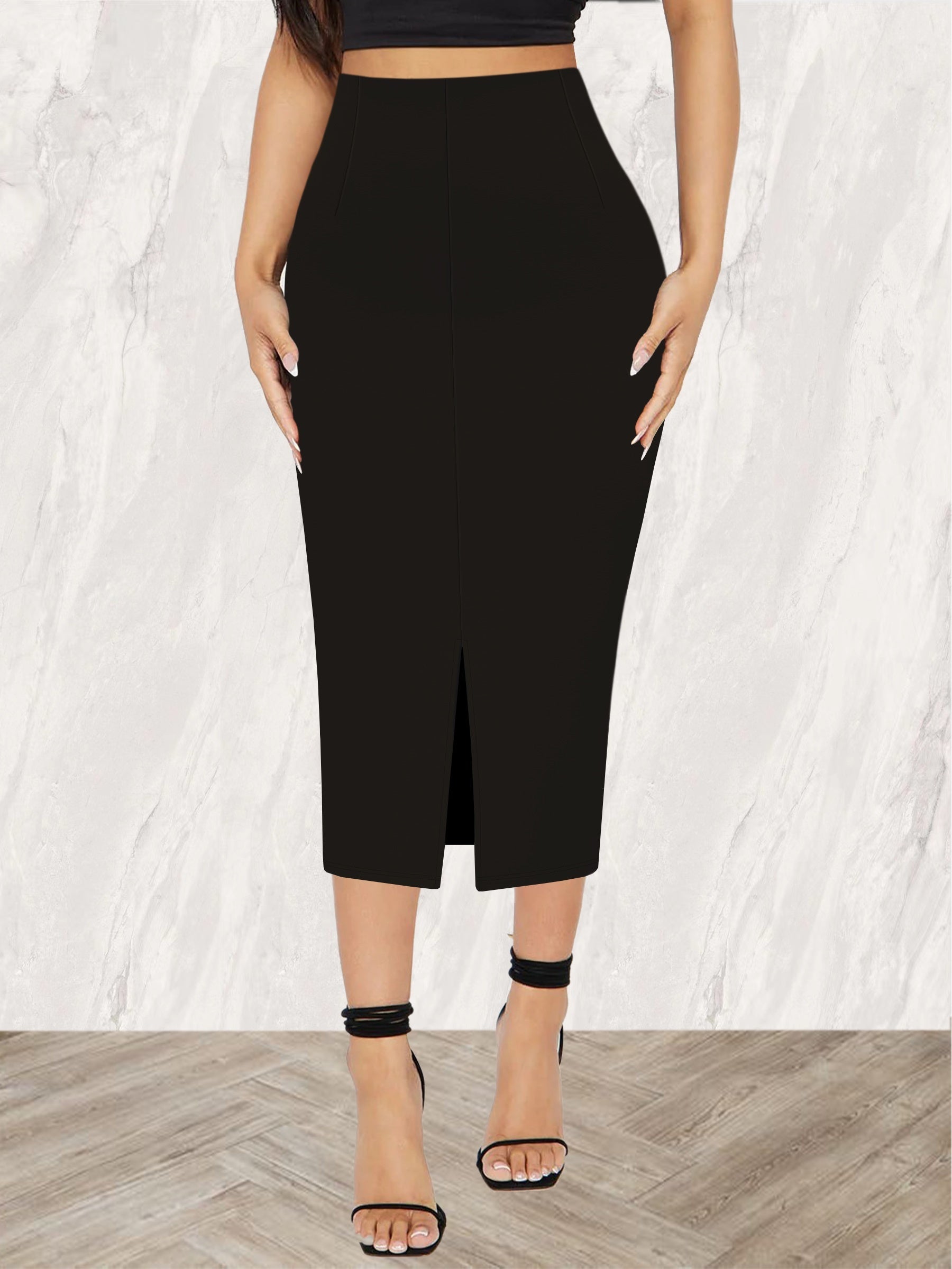 Women's Black Midi Skirt with High Waist and Side Slit Stretchy Rayon Blend for Spring Summer