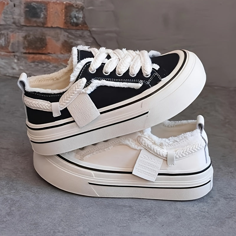 Women's Chunky Sneakers Black White All-Season Casual Shoes with Thick Sole