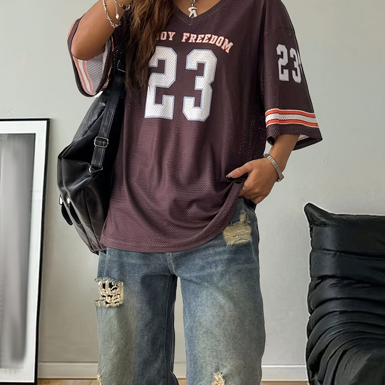 Women's Plus Size Summer Drop Shoulder V-Neck Football Jersey T-Shirt Breathable Semi-Sheer