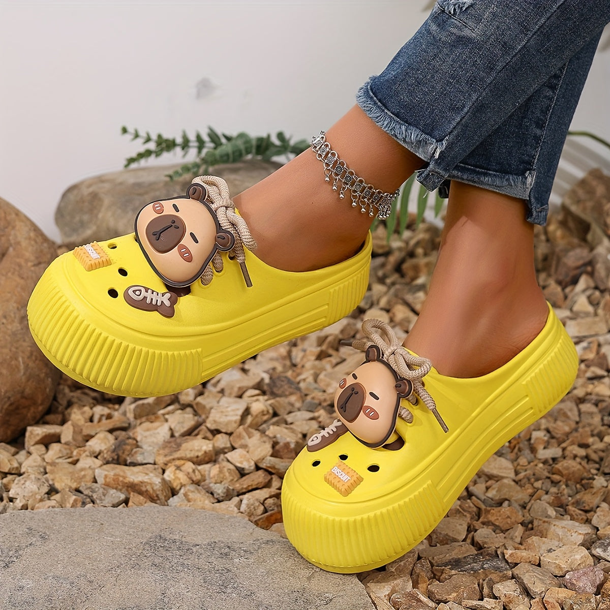 Women's Summer White EVA Clogs with Bear Charm and Thick Sole