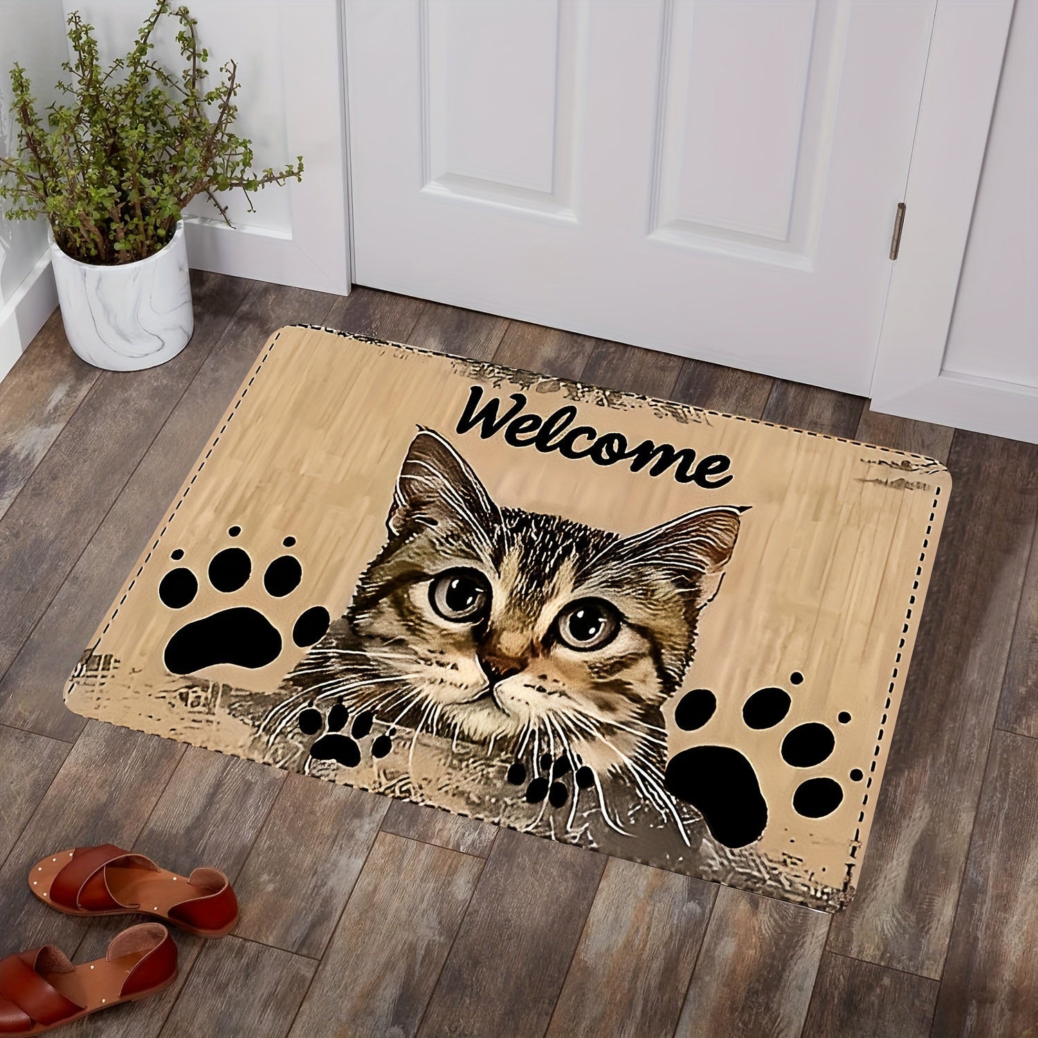 Charming Cat Welcome Mat Bardoshli Polyester Rug Slipperga qarshi Oson tozalash uchun yashash xonasi