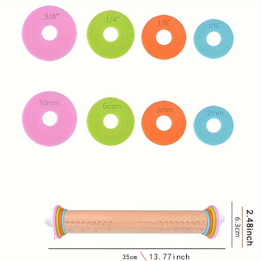Wooden Rolling Pin Set with Adjustable Rings for Baking and Holiday Cookies