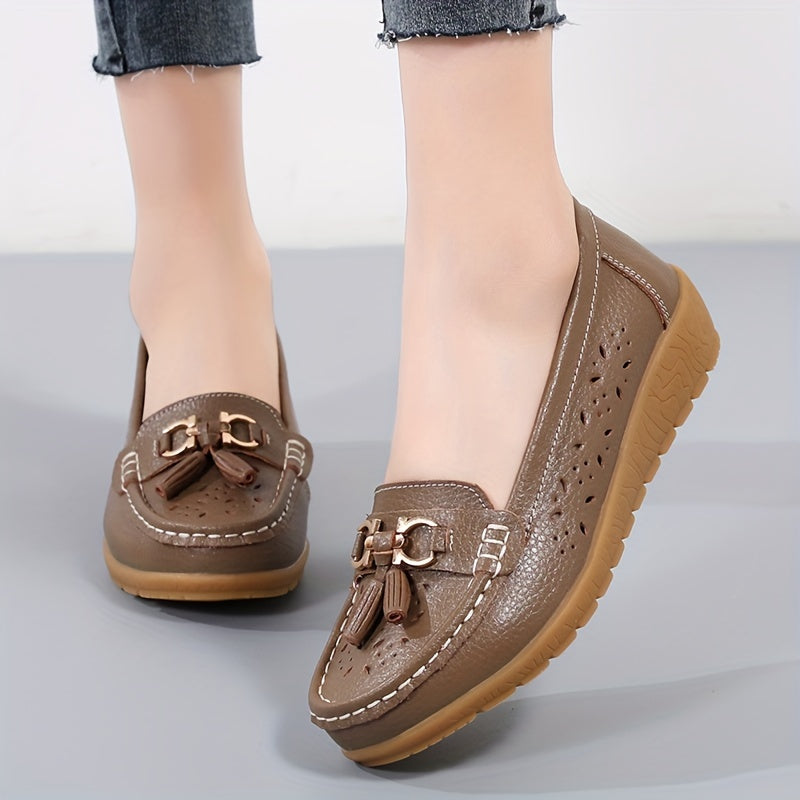 Women's Hollow Out Leather Loafers Flat Slip-On Shoes for Breathability