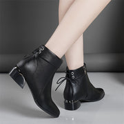 Женские кожаные плоские ботинки с задней шнуровкой и толстым каблуком для осени и зимы