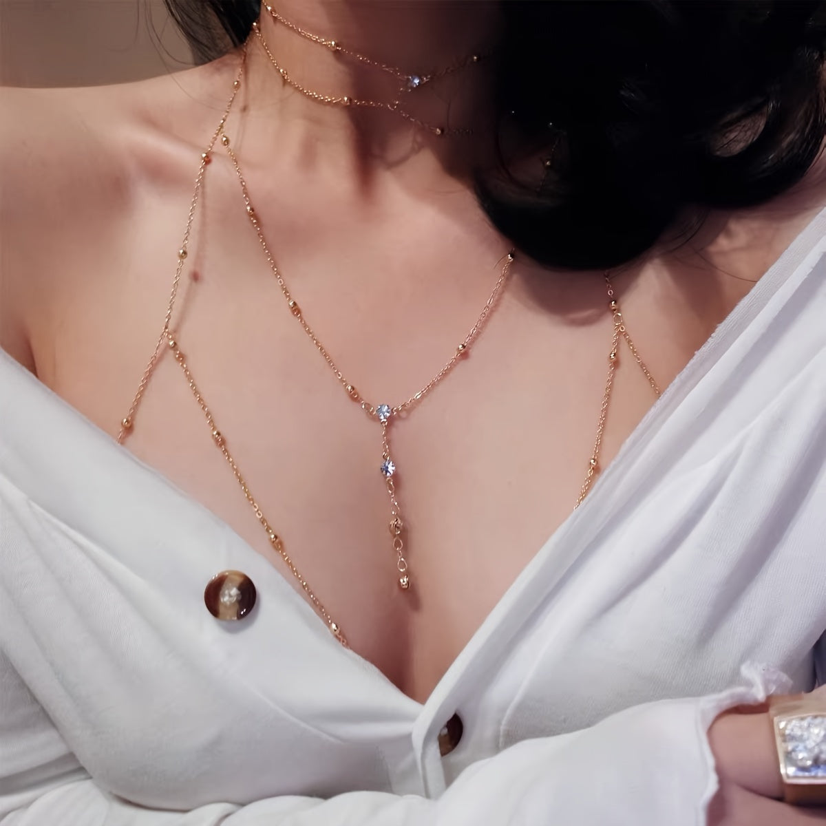 Golden Tone Beaded Body Chain Necklace Rhinestone Detail for Parties and Dates