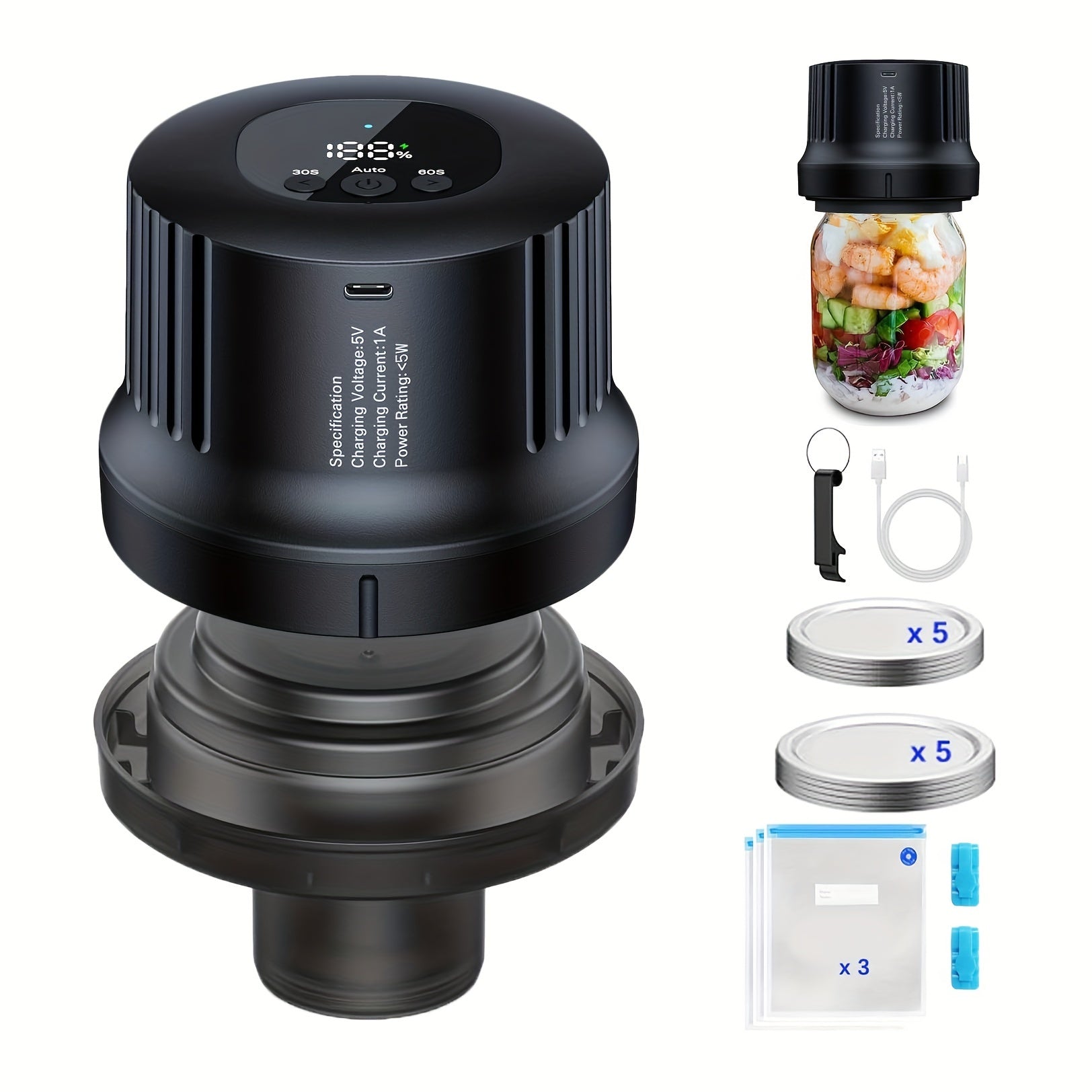 3-in-1 Mason Jar Vacuum Sealer Kit Portativ Elektrik Qopqoq Yopish Mashinasi uchun Bankalar USB Qayta Zaryadlash mumkin