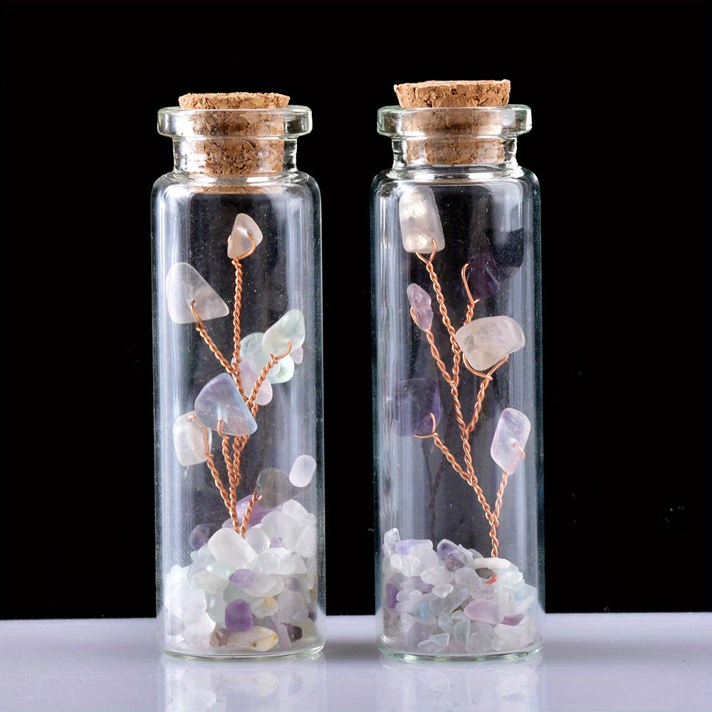 Botella de deseos de cristal con cristales naturales y árbol de la suerte para meditación y decoración