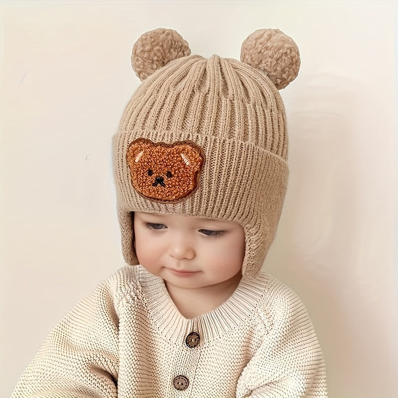 Kids' Knit Hat with Bear Theme and Ear Warmers for Toddlers in Khaki Coffee Ivory