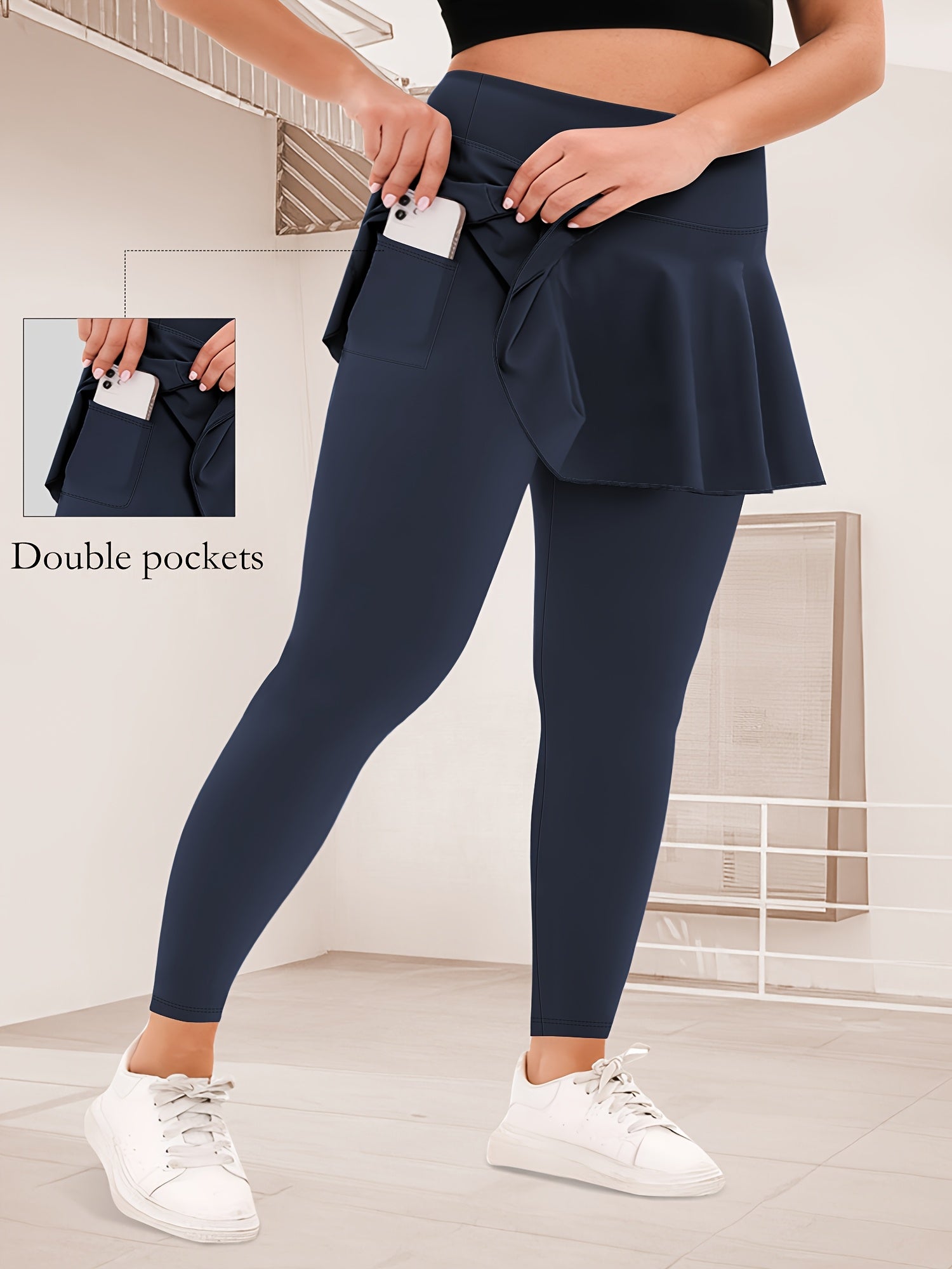 Plus o'lchamli yuqori belli legginslar, 9-teshikli dizayni bilan, ayollar uchun, bir rangda