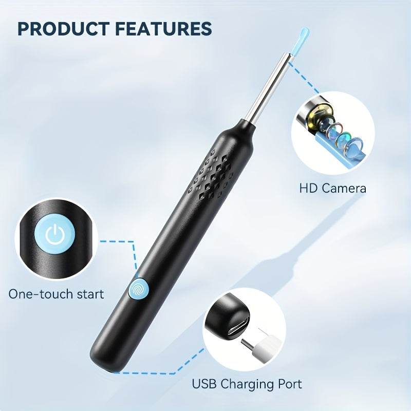 Kit de extracción de cera con otoscopio HD, recargable por USB, alimentado por batería, cámara intraural, negro