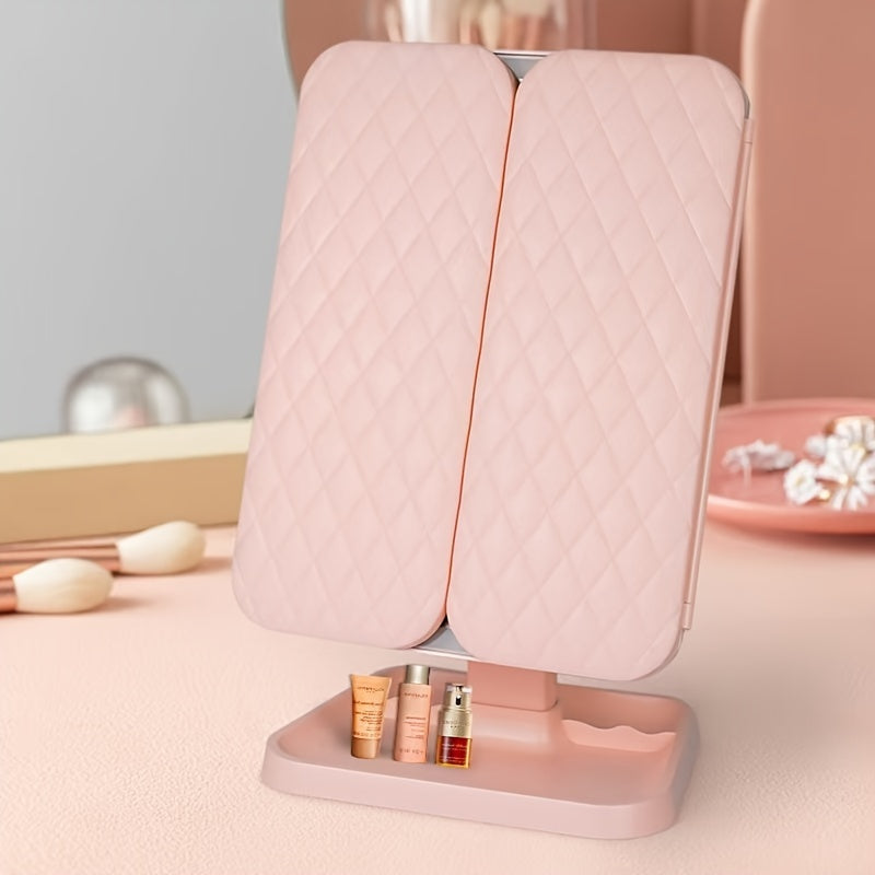 LED Vanity Mirror with Leatherette Stand Rechargeable Battery Smart Touch Foldable Cartoon Theme