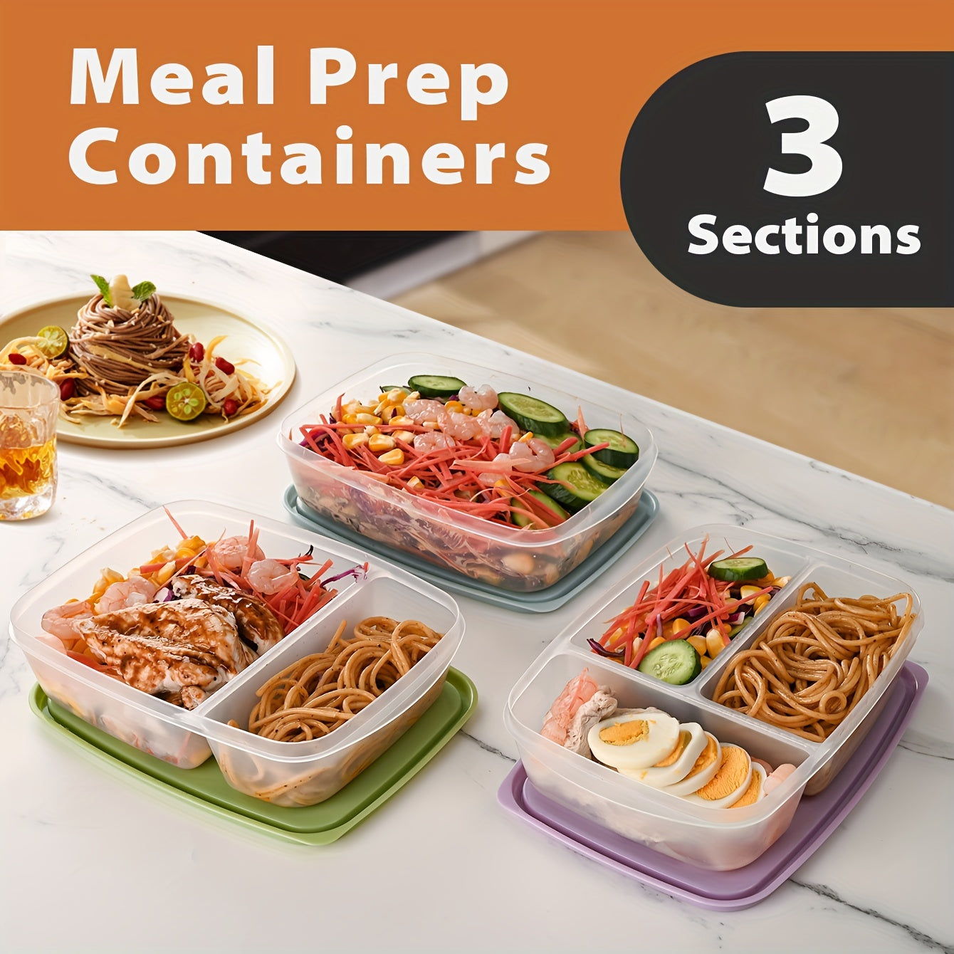 Set of 1 Meal Prep Containers with 3 Compartments for Food Portioning and Storage