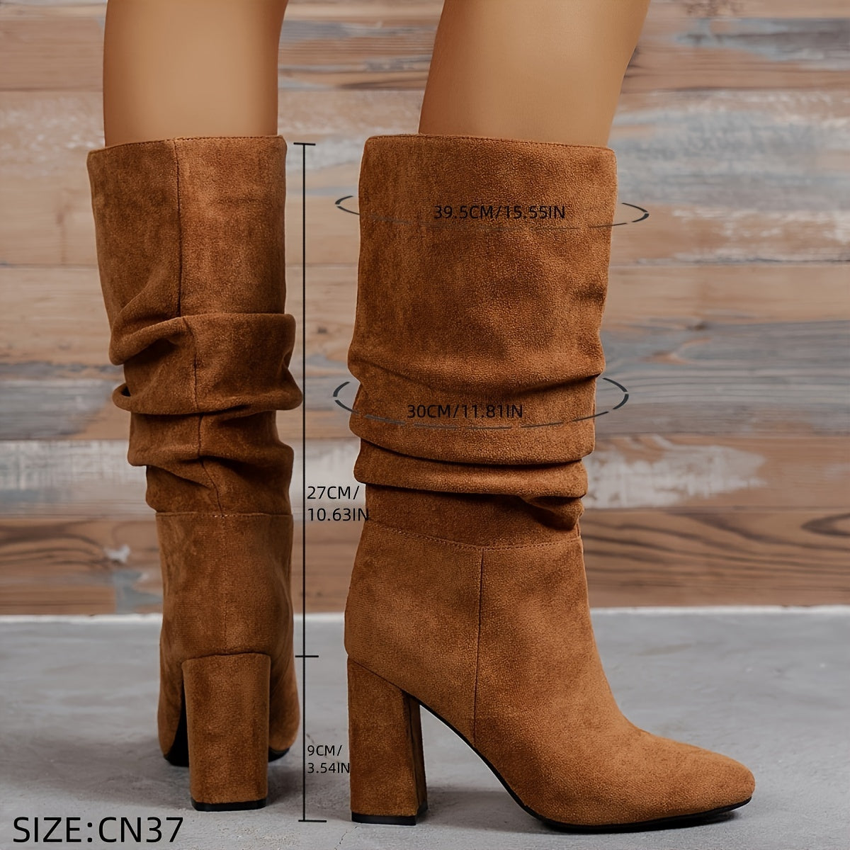 Women's Slouchy Mid Calf Boots Faux Leather Pointed Toe Block Heel