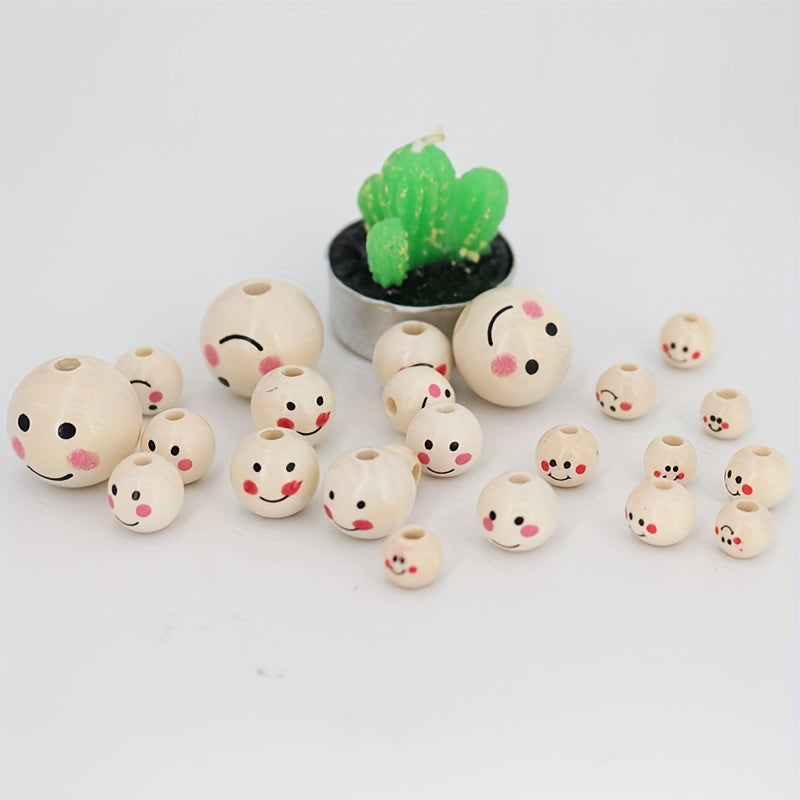 Round Wooden Beads with Happy Face Pattern for DIY Jewelry and Crafts 10mm 12mm 14mm 16mm 25mm Pack of 20 50 or 100