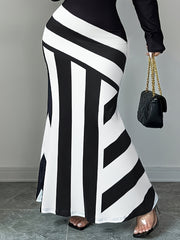 Plus Size Mermaid Skirt Women Polyester Black White Striped Flared Knee Length Office Wear